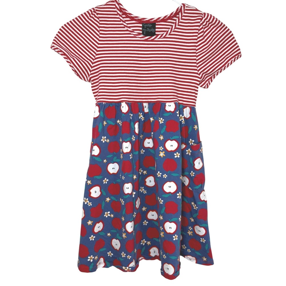 Cynthia Rowley Apple Print Striped Dress‎ Girls Size 7 Red Blue School Pockets